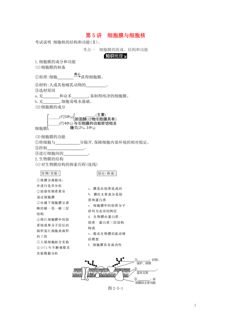 2019版高考生物一輪復(fù)習 第2單元 細胞的結(jié)構(gòu)與物質(zhì)的運輸 第5講 細胞膜與細胞核學案 蘇教版_第1頁