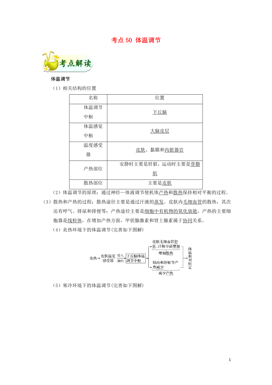 備戰(zhàn)2019年高考生物 考點一遍過 考點50 體溫調(diào)節(jié)（含解析）_第1頁