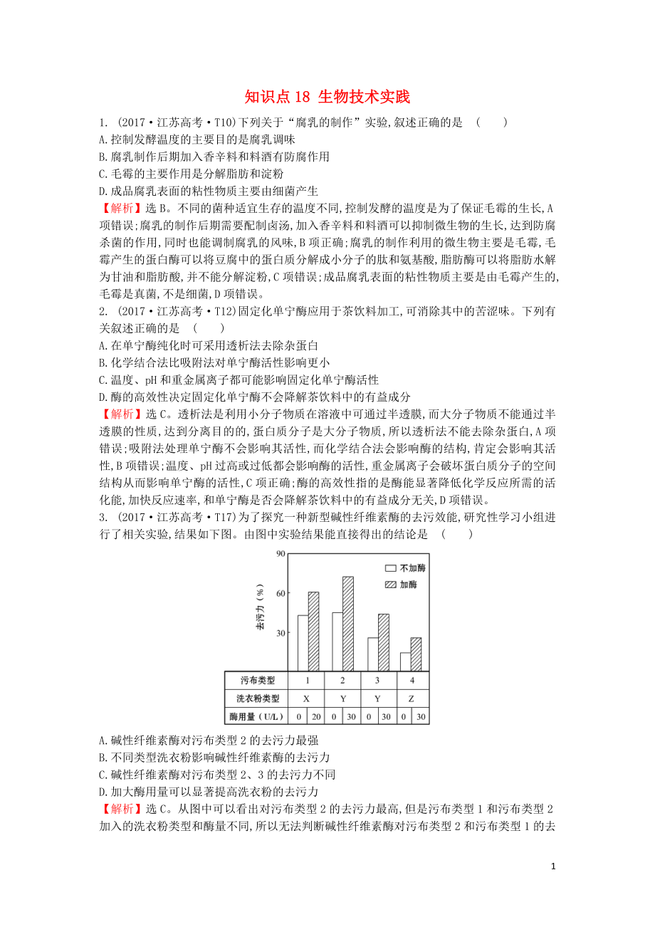 2020屆高考生物一輪復(fù)習(xí) 高考真題分類題庫 2017年知識點(diǎn)18 生物技術(shù)實(shí)踐（含解析）_第1頁