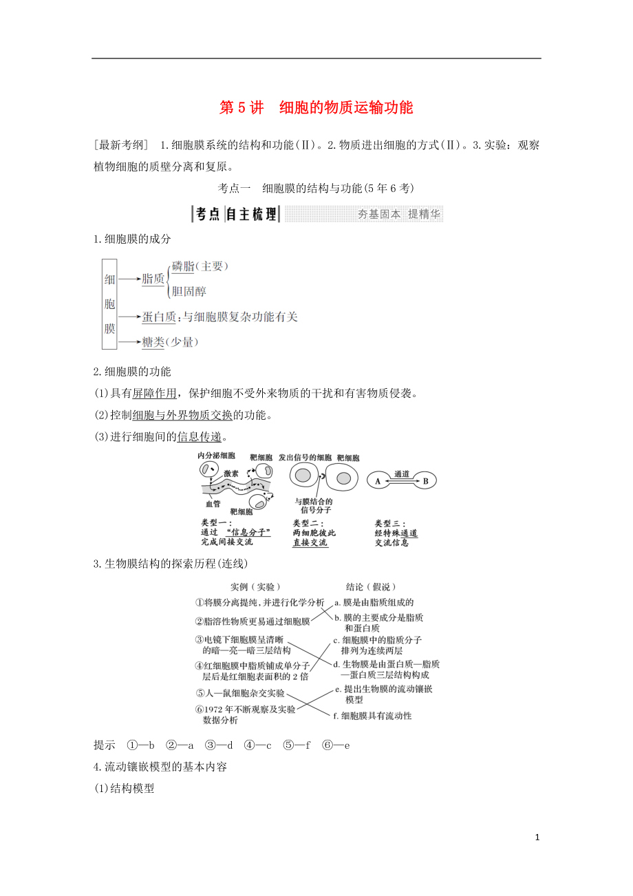 2019版高考生物一輪復(fù)習 第三單元 細胞的新陳代謝 第5講 細胞的物質(zhì)運輸功能創(chuàng)新備考學(xué)案 中圖版_第1頁