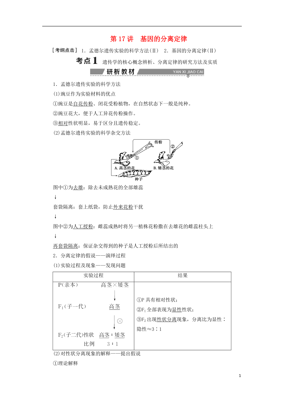 （全國(guó)）2018版高考生物大一輪復(fù)習(xí) 第五單元 遺傳的基本規(guī)律與伴性遺傳 第17講 基因的分離定律學(xué)案_第1頁(yè)