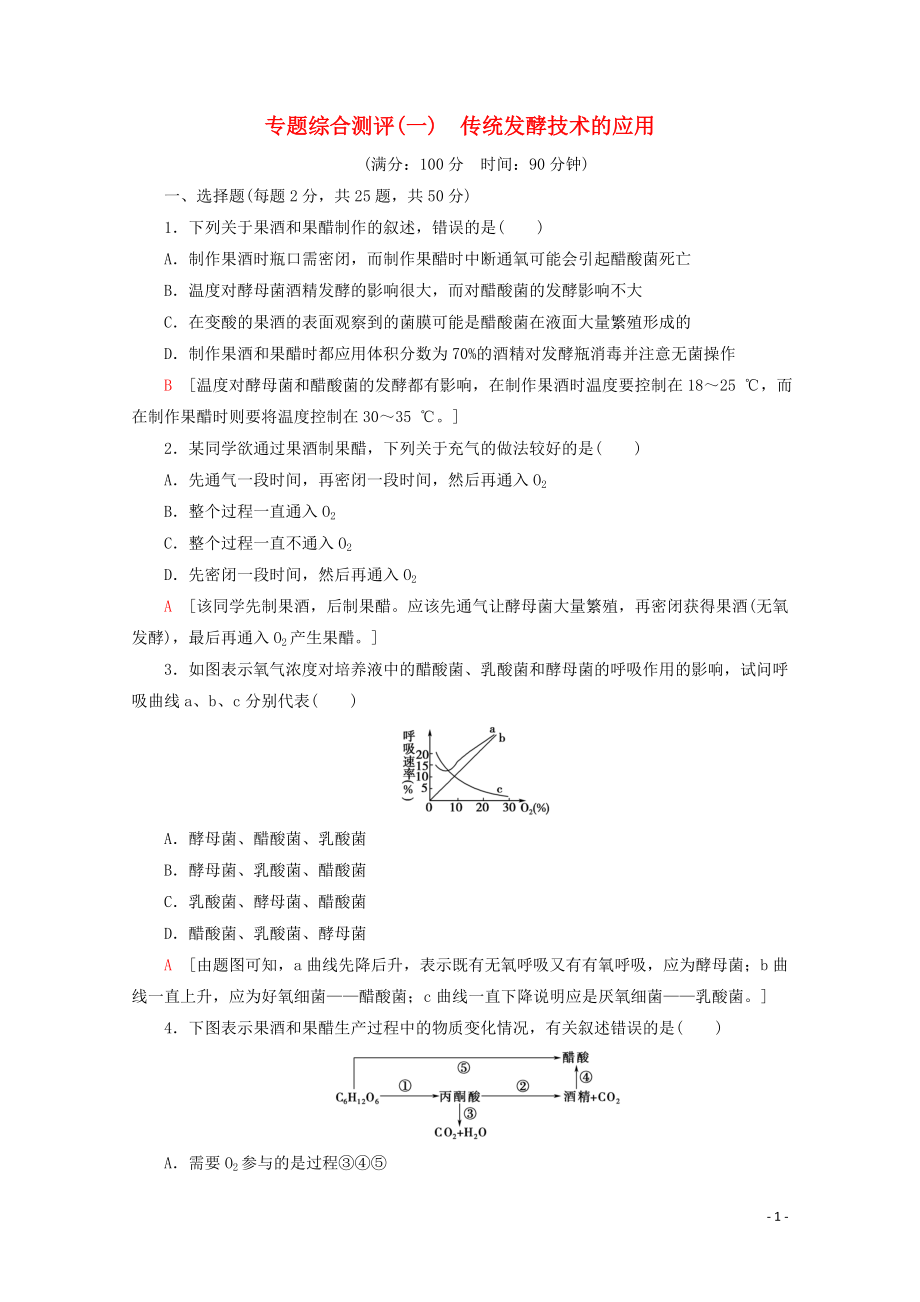 2019-2020学年高中生物 专题综合测评1 传统发酵技术的应用（含解析）新人教版选修1_第1页