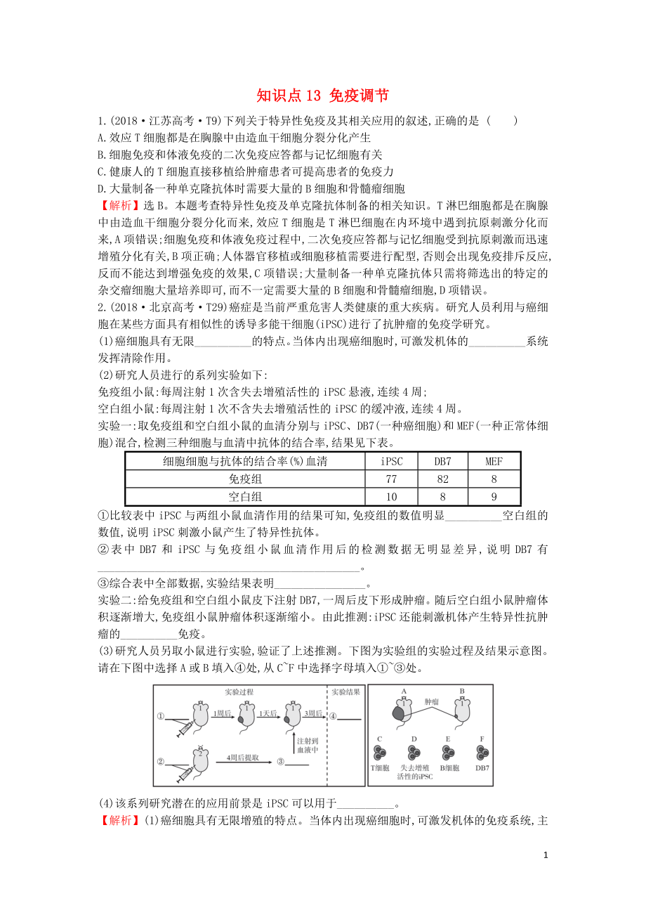 2020屆高考生物一輪復習 高考真題分類題庫 2018年知識點13 免疫調(diào)節(jié)（含解析）_第1頁