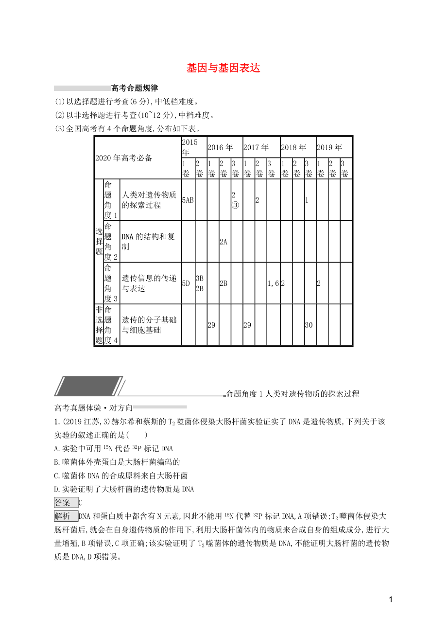 2020高考生物二輪復習 專題六 基因與基因表達對對練（含解析）_第1頁