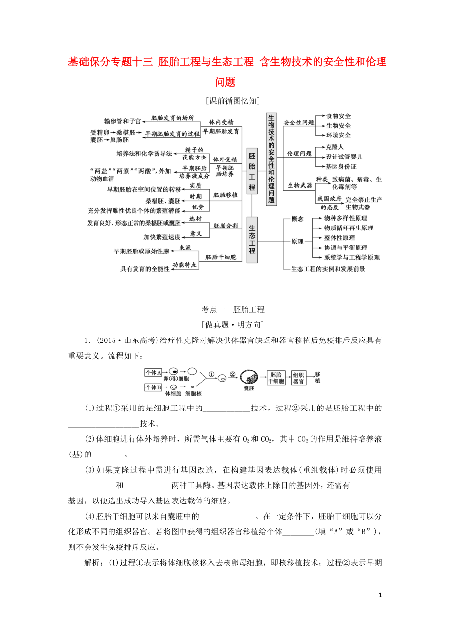 2019年高考生物二輪復(fù)習(xí) 基礎(chǔ)保分專題十三 胚胎工程與生態(tài)工程 含生物技術(shù)的安全性和倫理問題學(xué)案_第1頁(yè)