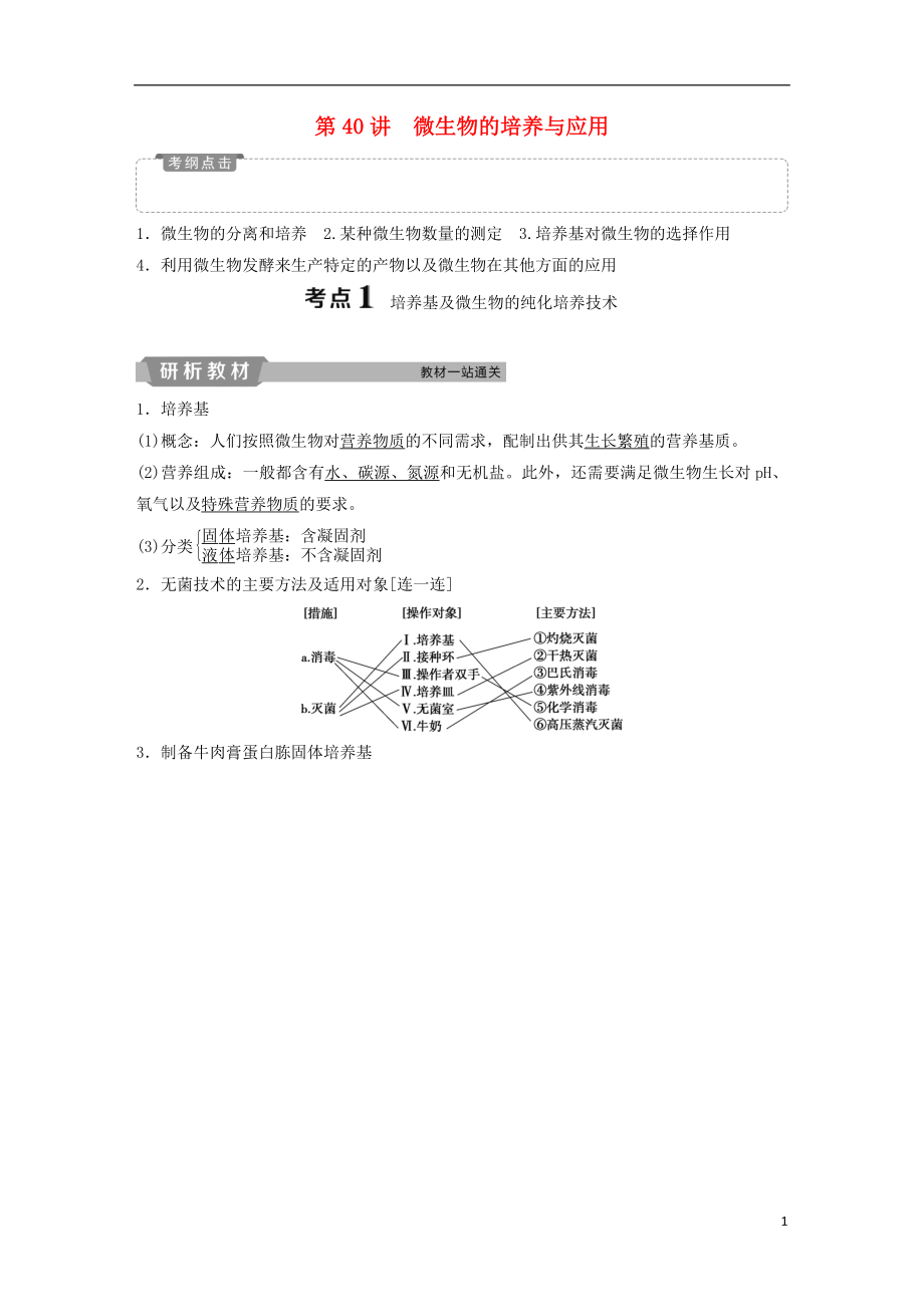 2019屆高考生物一輪復(fù)習(xí) 第十二單元 生物技術(shù)實踐 第40講 微生物的培養(yǎng)與應(yīng)用學(xué)案_第1頁