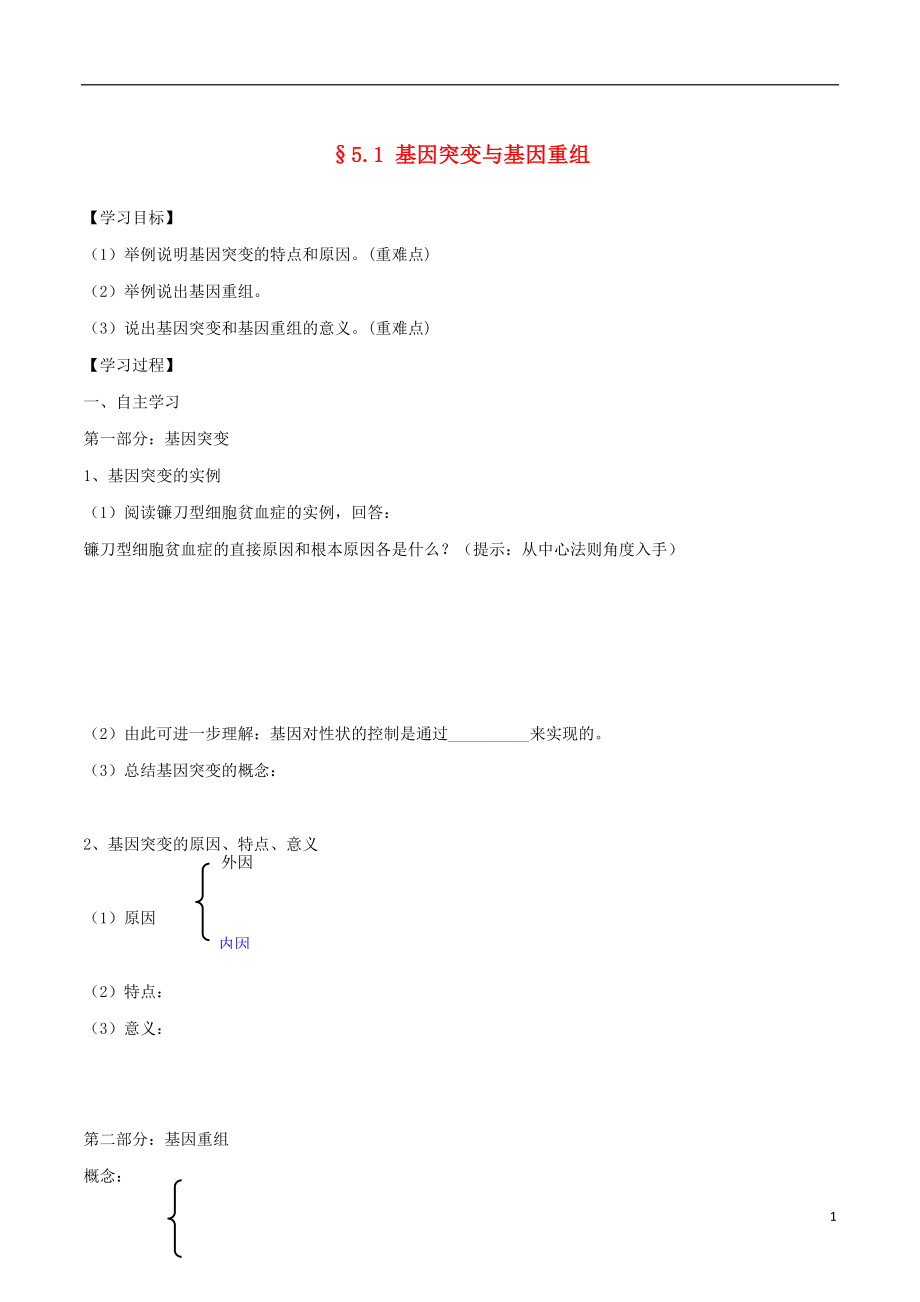 高中生物 第5章 基因突變及其他變異學(xué)案 新人教版必修2_第1頁