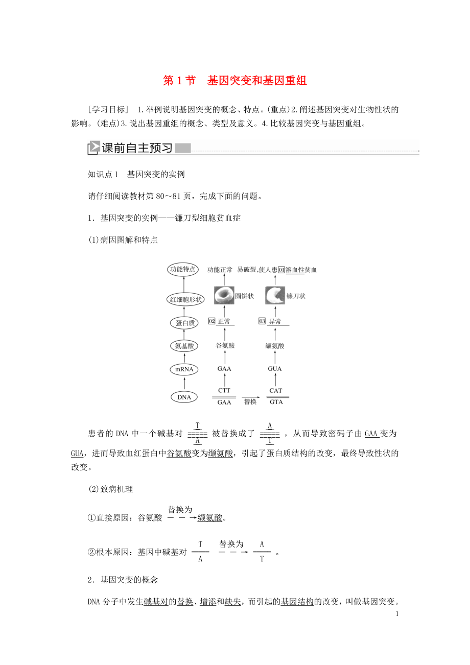 2020高中生物 第五章 基因突變及其他變異 1 基因突變和基因重組學(xué)案 新人教版必修2_第1頁(yè)