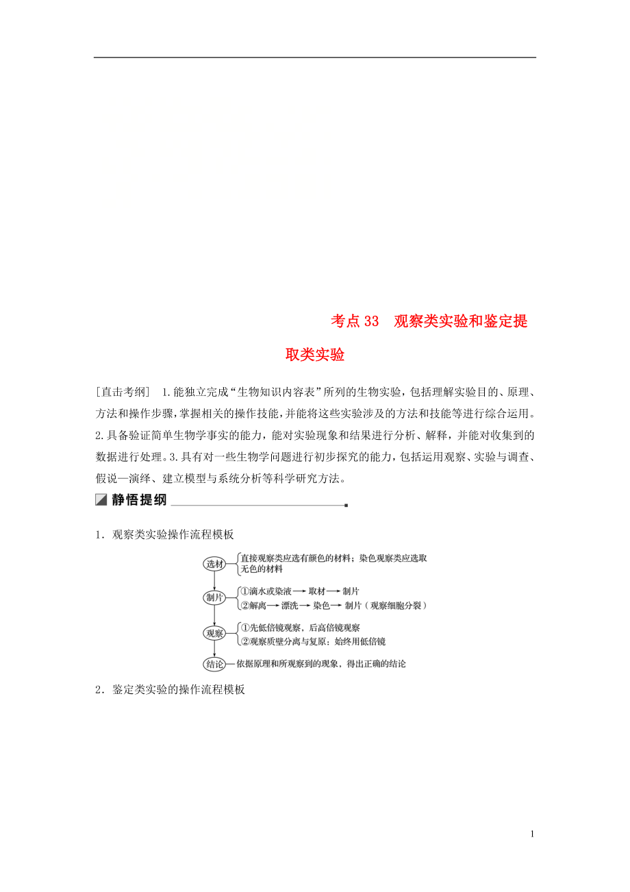 （江蘇專用）2019高考生物二輪復(fù)習(xí) 專題十二 教材基礎(chǔ)實驗 考點33 觀察類實驗和鑒定提取類實驗學(xué)案_第1頁