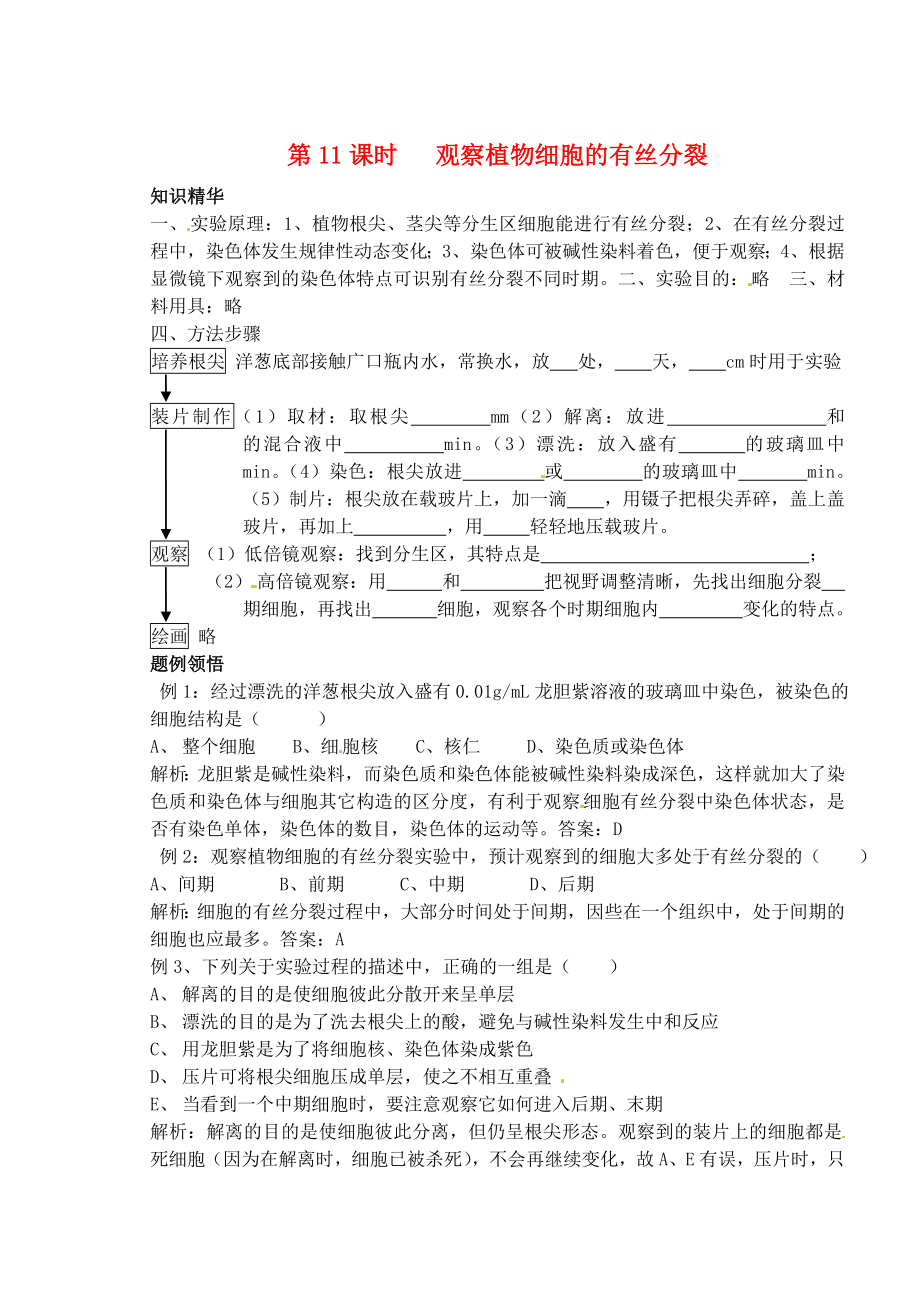 天津市梅江中學高考生物 第二章 第二節(jié) 實驗三 觀察植物細胞的有絲分裂學案_第1頁