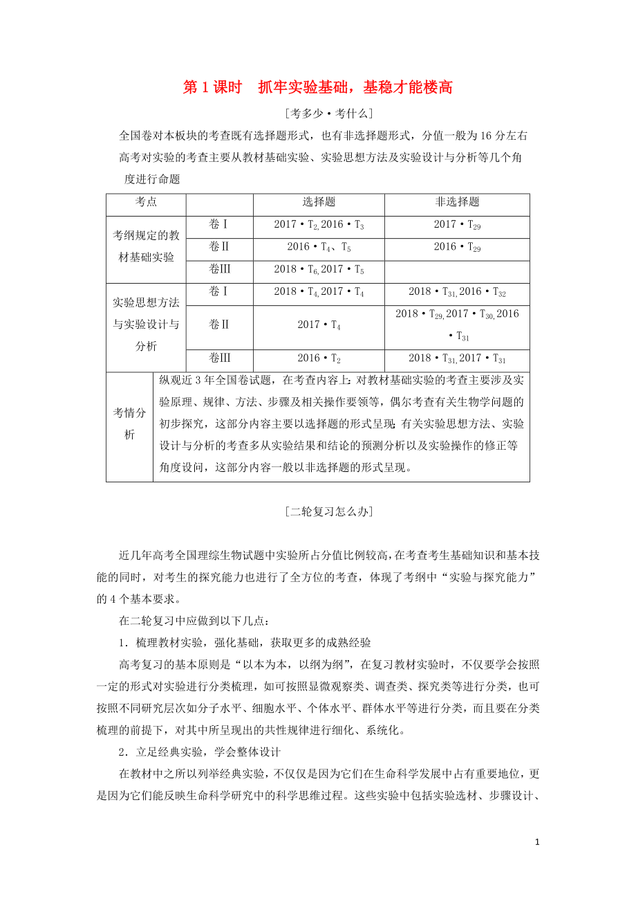 2019年高考生物二輪復習 第四板塊 以學科素養(yǎng)為中心的實驗探究 第1課時 抓牢實驗基礎基穩(wěn)才能樓高學案_第1頁