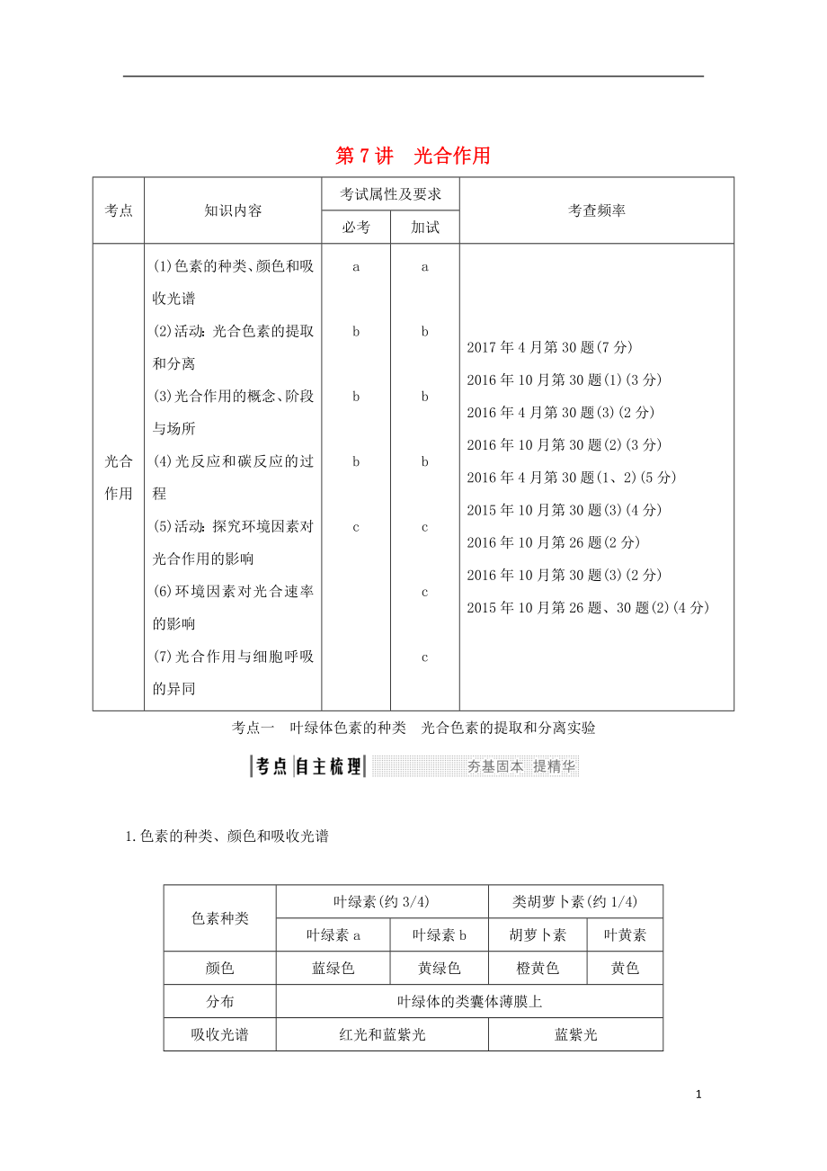 （浙江專版）2019版高考生物一輪復(fù)習(xí) 第7講 光合作用學(xué)案_第1頁(yè)