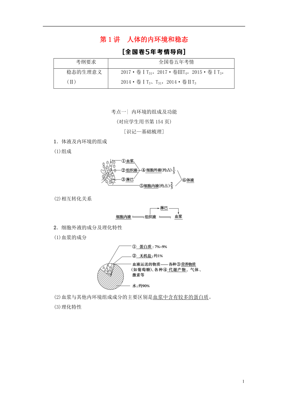 2019版高考生物一輪復(fù)習(xí) 第8單元 生物個體的穩(wěn)態(tài) 第1講 人體的內(nèi)環(huán)境和穩(wěn)態(tài)學(xué)案 蘇教版_第1頁