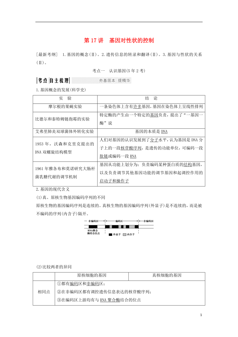 2019届高考生物一轮复习 第七单元 第17讲 基因对性状的控制学案 中图版必修2_第1页