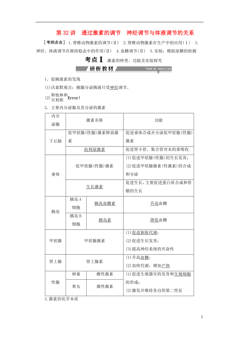 （全國）2018版高考生物大一輪復(fù)習(xí) 第八單元 生命活動的調(diào)節(jié) 第32講 通過激素的調(diào)節(jié) 神經(jīng)調(diào)節(jié)與體液調(diào)節(jié)的關(guān)系學(xué)案_第1頁