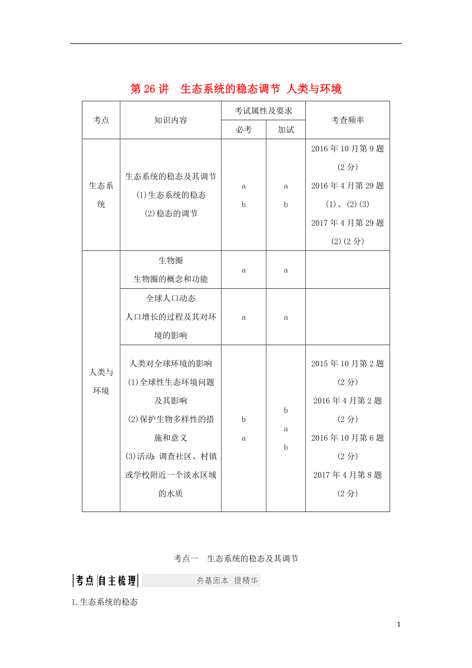 （浙江專版）2019版高考生物一輪復(fù)習(xí) 第26講 生態(tài)系統(tǒng)的穩(wěn)態(tài)調(diào)節(jié)　人類與環(huán)境學(xué)案_第1頁