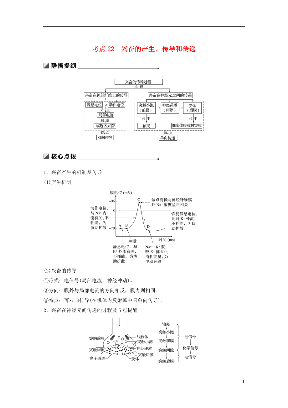 （通用版）2019版高考生物二輪復習 專題七 人體的穩(wěn)態(tài)及調(diào)節(jié)機制 考點22 興奮的產(chǎn)生、傳導和傳遞學案_第1頁