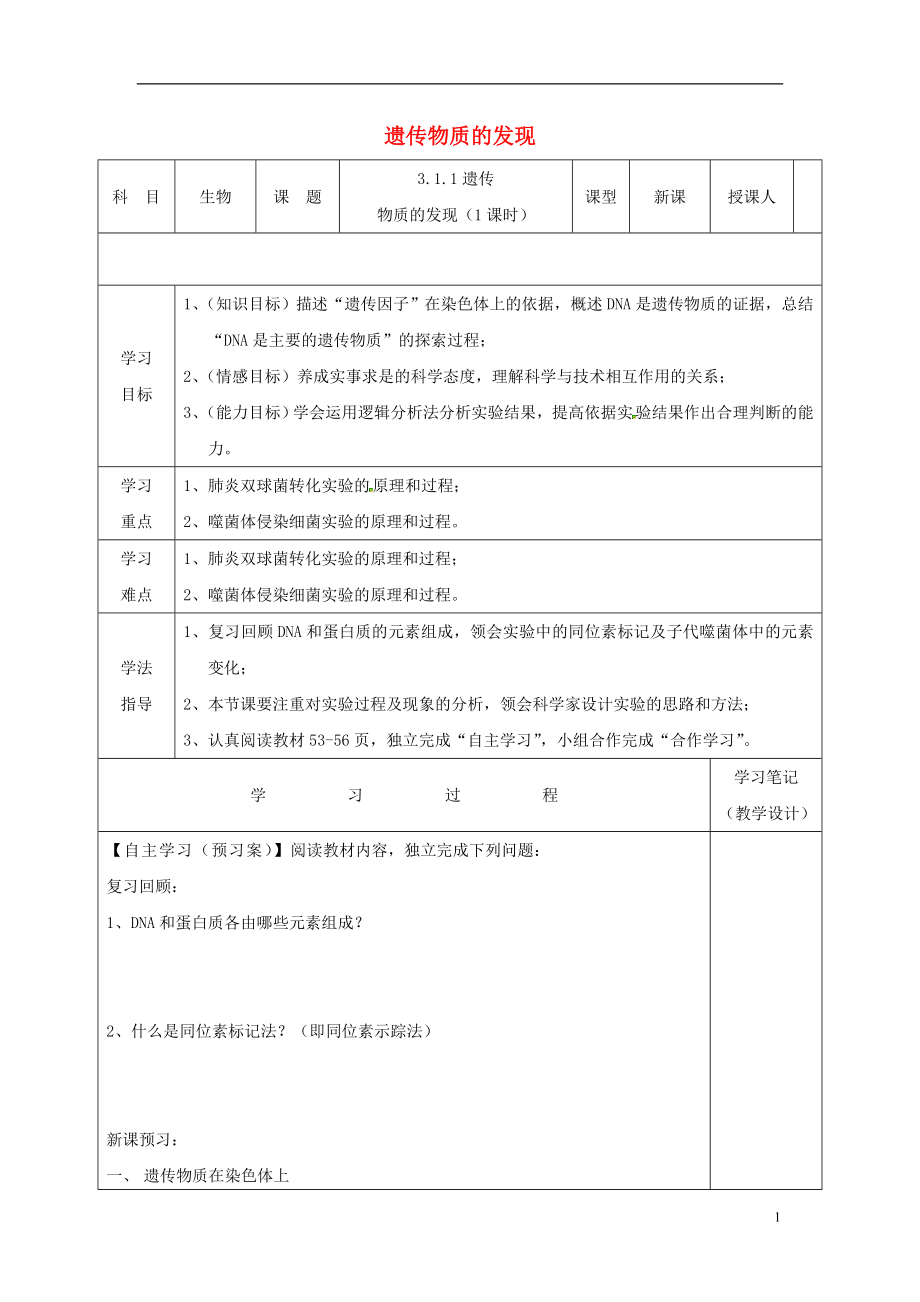 高中生物 第三單元 遺傳與變異的分子基礎(chǔ) 第一章 遺傳的物質(zhì)基礎(chǔ) 1.1 遺傳物質(zhì)的發(fā)現(xiàn)導學案 中圖版必修2_第1頁