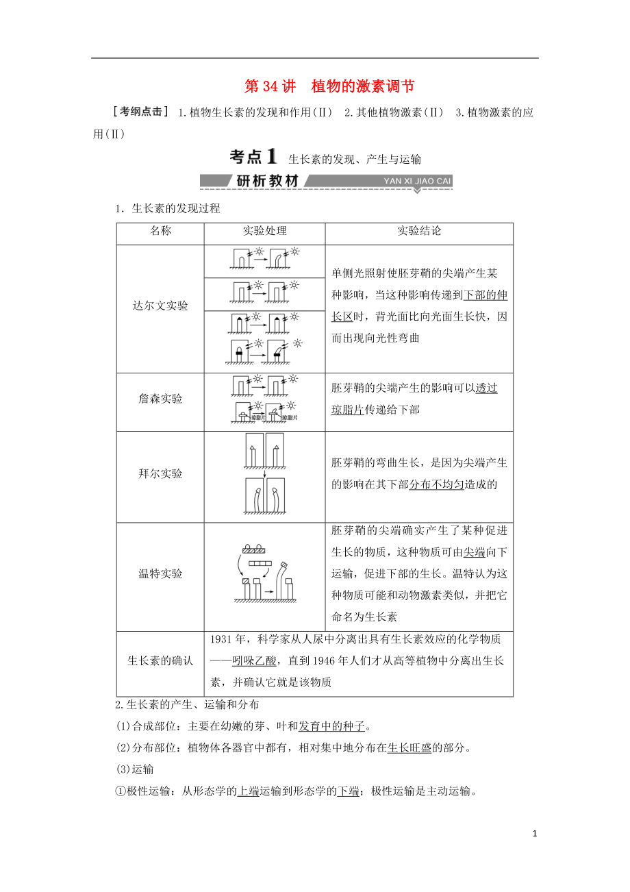 （全國）2018版高考生物大一輪復習 第八單元 生命活動的調(diào)節(jié) 第34講 植物的激素調(diào)節(jié)學案_第1頁