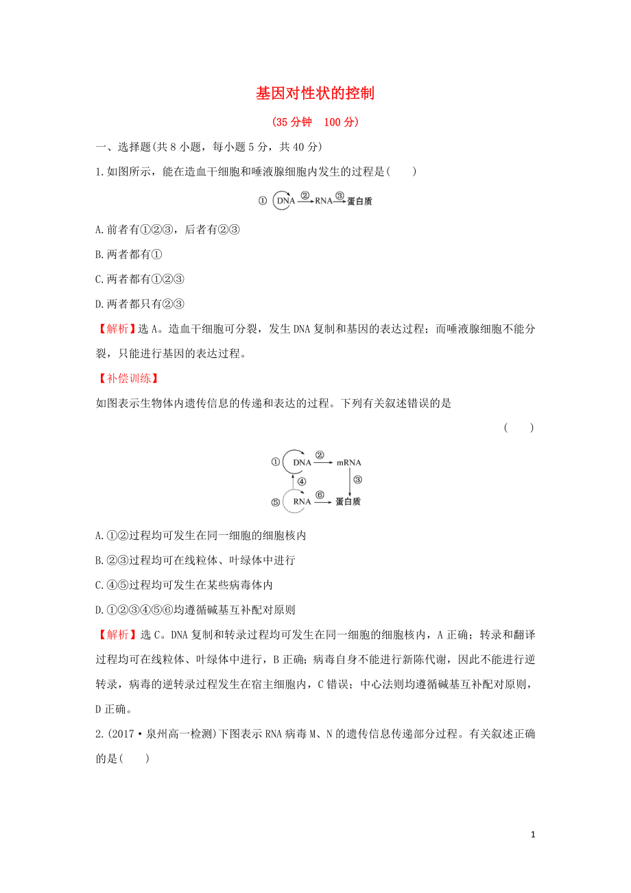 2018-2019學(xué)年高中生物 課時(shí)提升作業(yè)十一 4.2 基因?qū)π誀畹目刂疲ê馕觯┬氯私贪姹匦?_第1頁