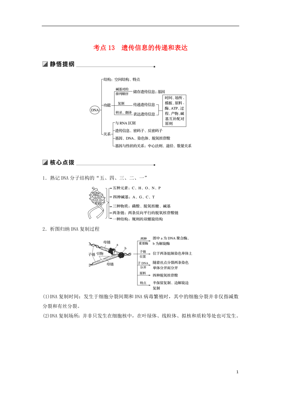 （通用版）2019版高考生物二輪復(fù)習(xí) 專題四 遺傳的分子基礎(chǔ) 考點(diǎn)13 遺傳信息的傳遞和表達(dá)學(xué)案_第1頁