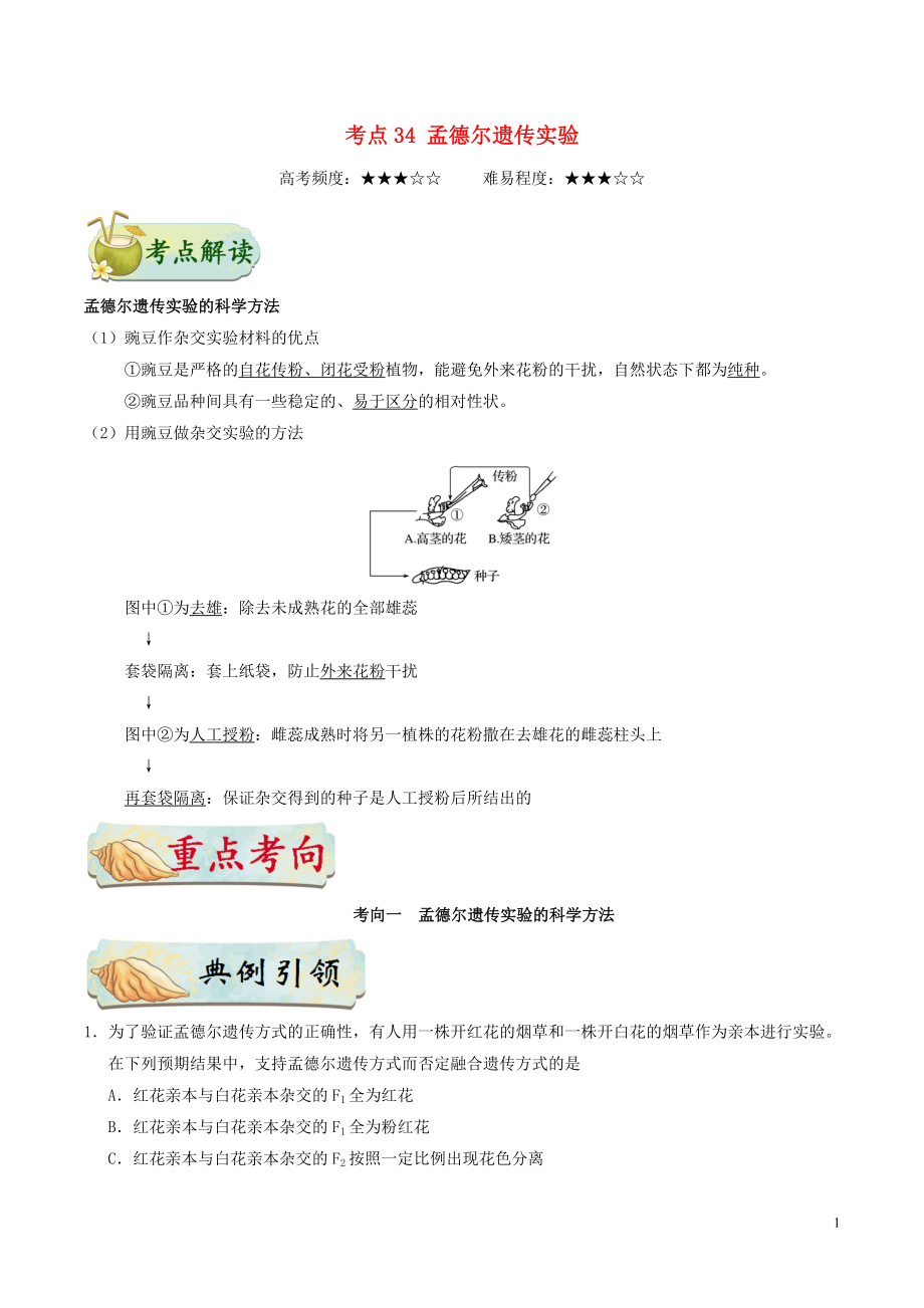 备战2019年高考生物 考点一遍过 考点34 孟德尔遗传实验（含解析）_第1页