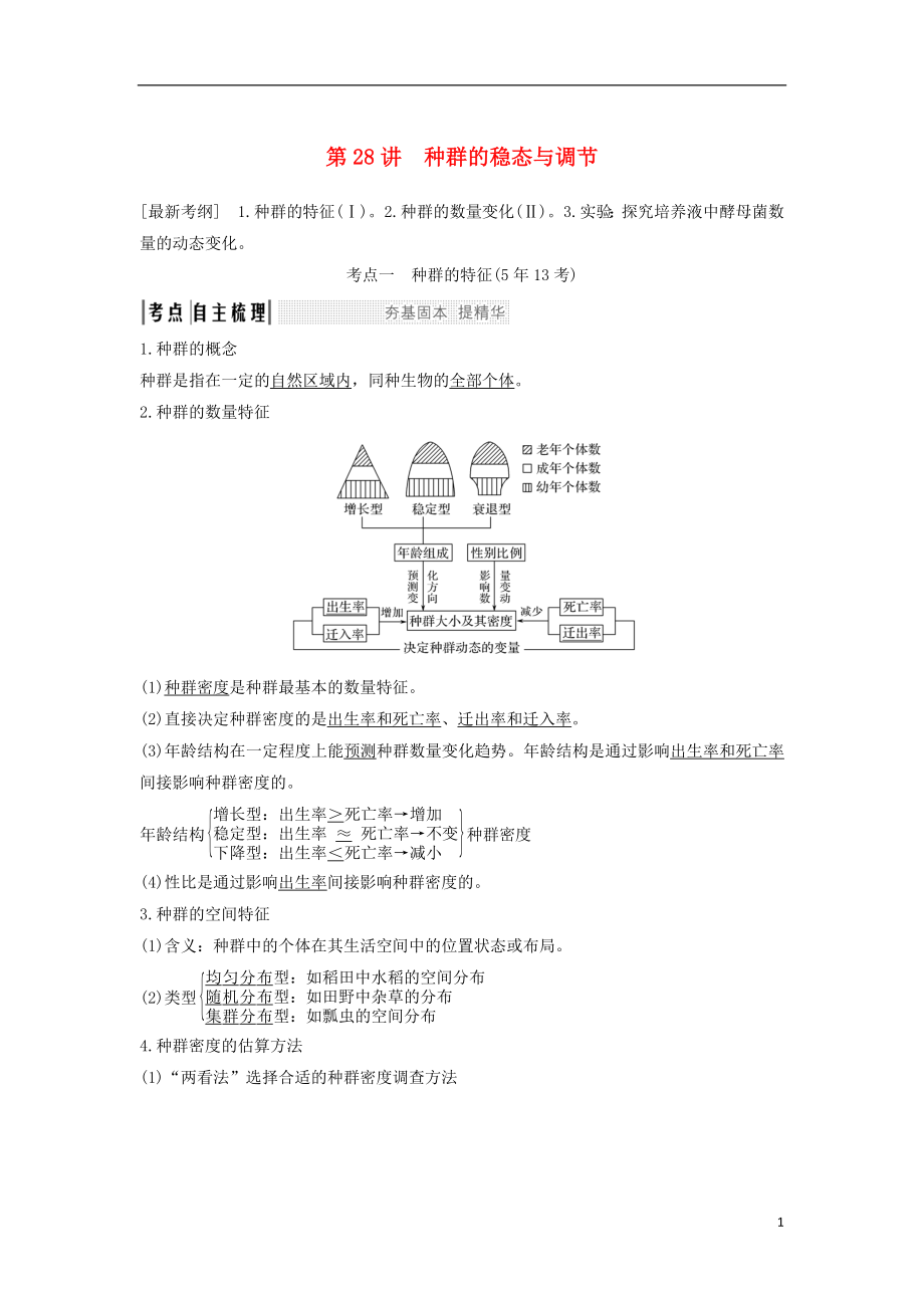 2019版高考生物大一轮复习 第十单元 生物群体的稳态与调节 第28讲 种群的稳态与调节学案 中图版必修3_第1页