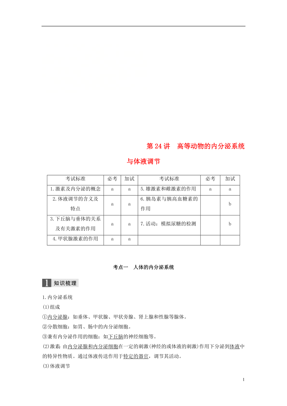 （浙江選考）2019版高考生物一輪總復(fù)習(xí) 第七單元 生物體生命活動(dòng)的調(diào)節(jié)與免疫 第24講 高等動(dòng)物的內(nèi)分泌系統(tǒng)與體液調(diào)節(jié)學(xué)案_第1頁(yè)