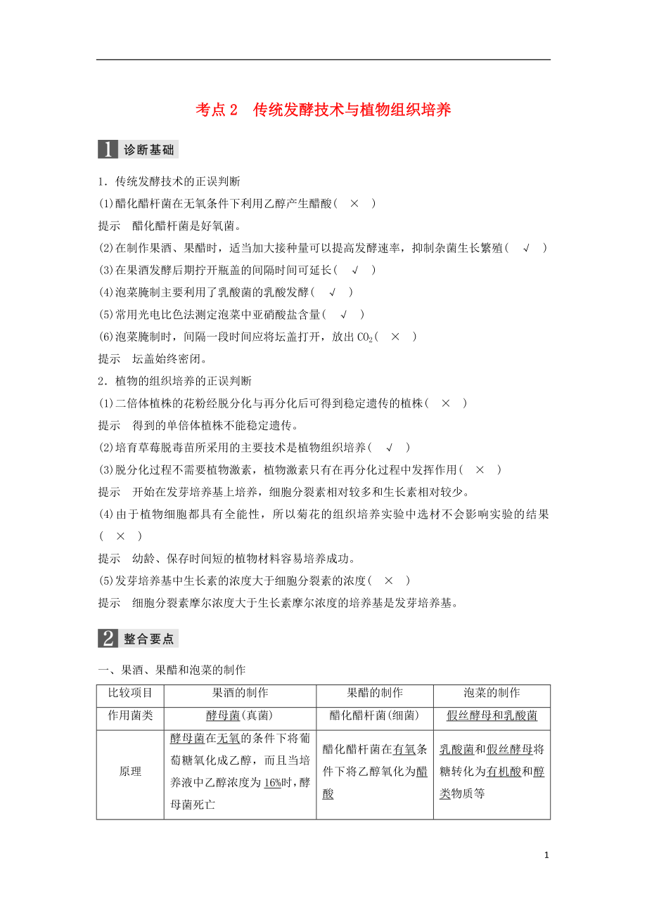 （浙江選考）2018屆高三生物二輪專題復(fù)習(xí) 專題十 生物技術(shù)實(shí)踐 考點(diǎn)2 傳統(tǒng)發(fā)酵技術(shù)與植物組織培養(yǎng)學(xué)案 新人教版_第1頁