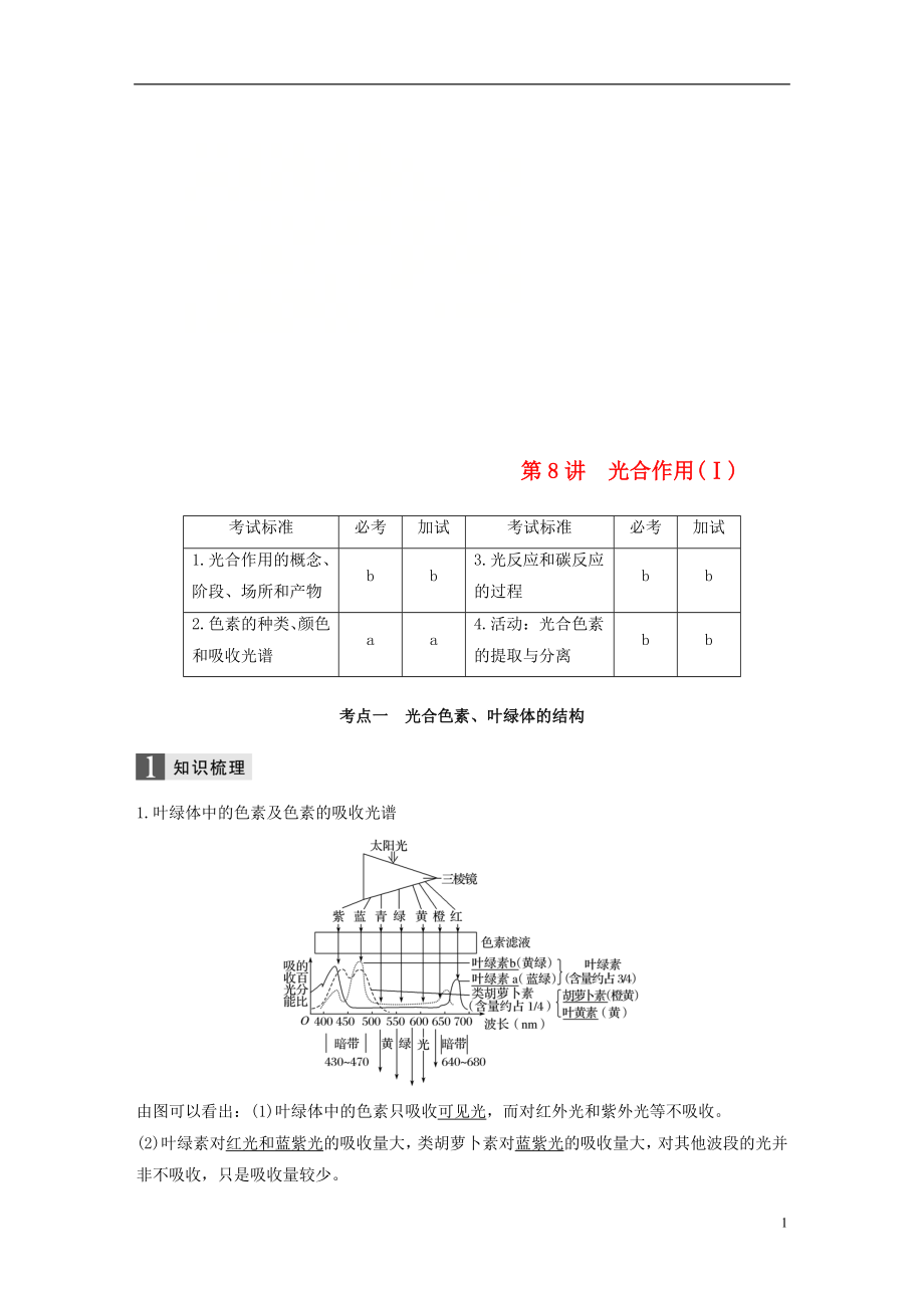 （浙江选考）2019版高考生物一轮总复习 第二单元 细胞的代谢 第8讲 光合作用(Ⅰ)学案_第1页