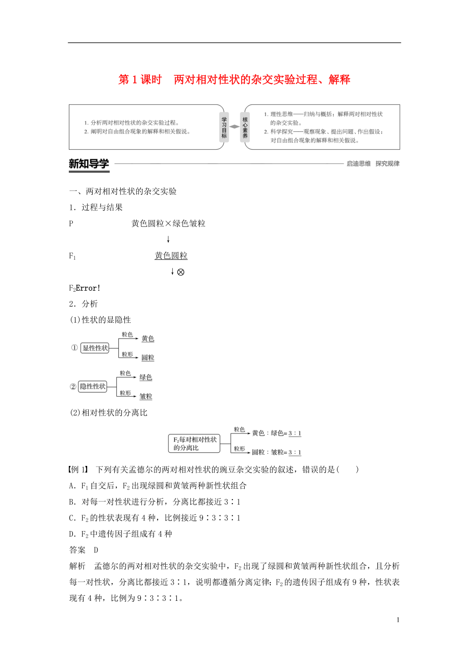 （粵渝冀遼蘇皖閩鄂湘津京魯瓊專用）2018-2019學(xué)年高中生物 第1章 遺傳因子的發(fā)現(xiàn) 第2節(jié) 孟德爾的豌豆雜交實(shí)驗(yàn)(二)第1課時(shí) 兩對(duì)相對(duì)性狀的雜交實(shí)驗(yàn)過程、解釋學(xué)案 新人教版必修2_第1頁