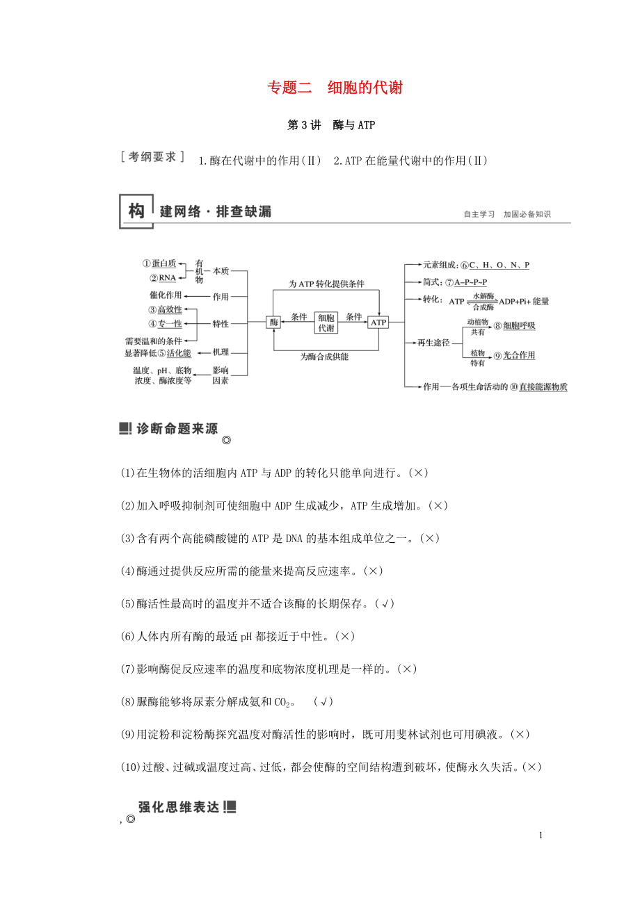 2019届高考生物二轮复习 专题二 细胞的代谢学案_第1页