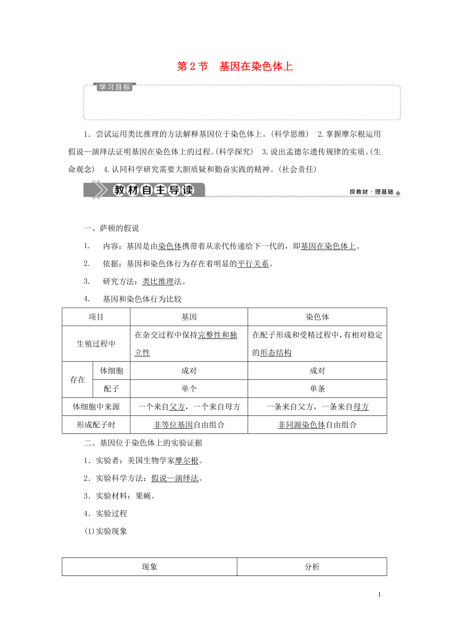 2019-2020學(xué)年新教材高中生物 第2章 基因和染色體的關(guān)系 第2節(jié) 基因在染色體上學(xué)案 新人教版必修第二冊(cè)_第1頁(yè)