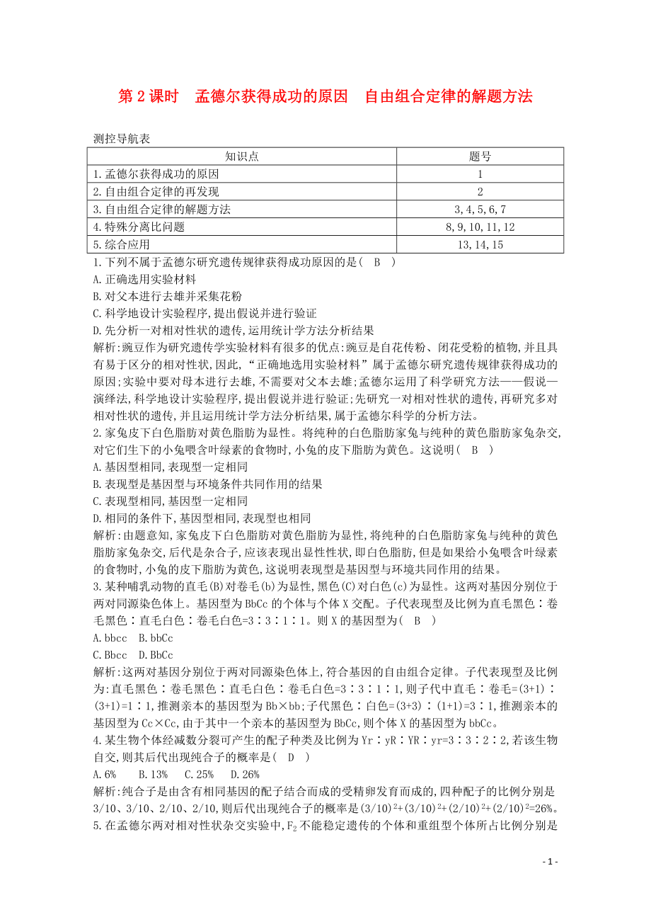 2020版高中生物 第1章 遺傳因子的發(fā)現(xiàn) 第2節(jié) 第2課時(shí) 孟德?tīng)柅@得成功的原因 自由組合定律的解題方法課時(shí)作業(yè)（含解析）新人教版必修2_第1頁(yè)