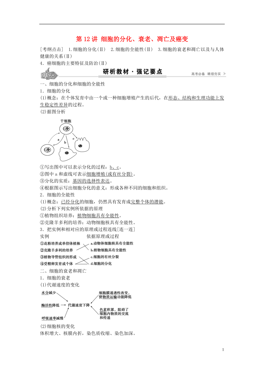 2017高考生物總復習 第4單元 第12講細胞的分化學案_第1頁