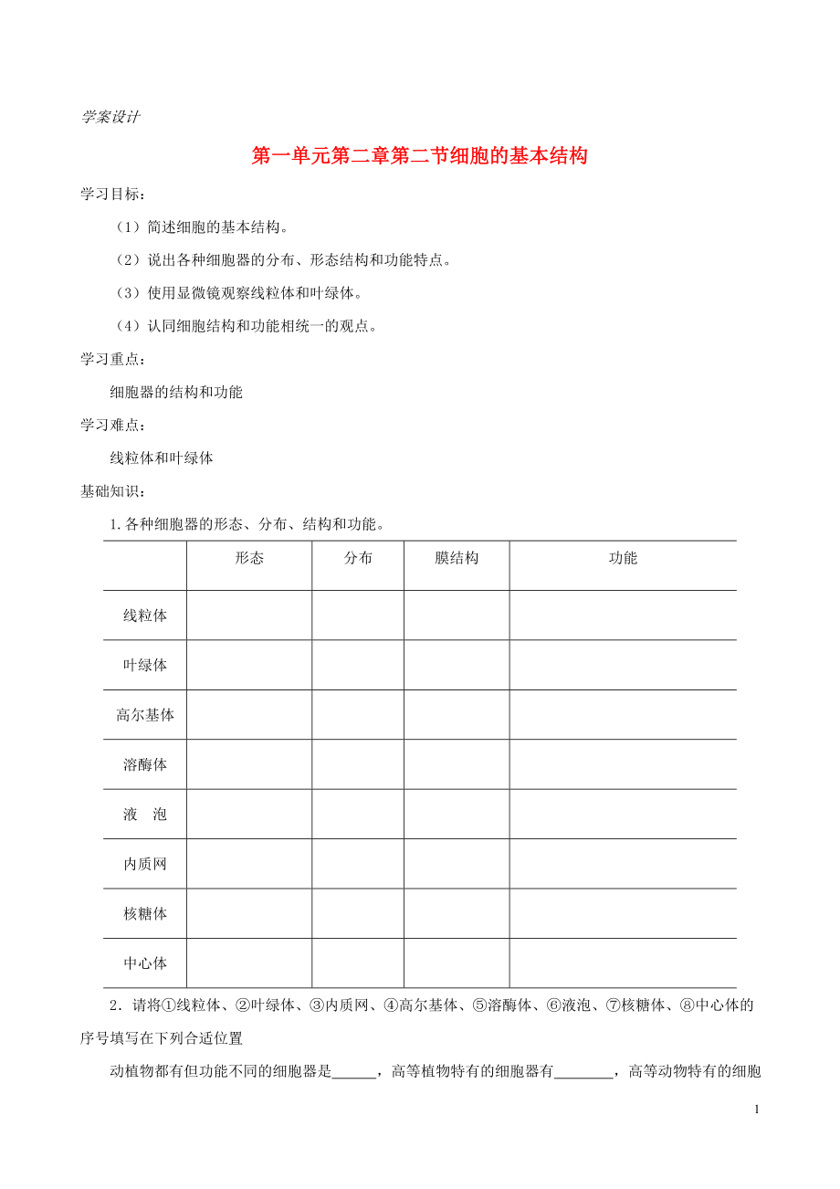 2015-2016高中生物 第一单元 第二章 第二节 细胞的基本结构学案 中图版必修1_第1页