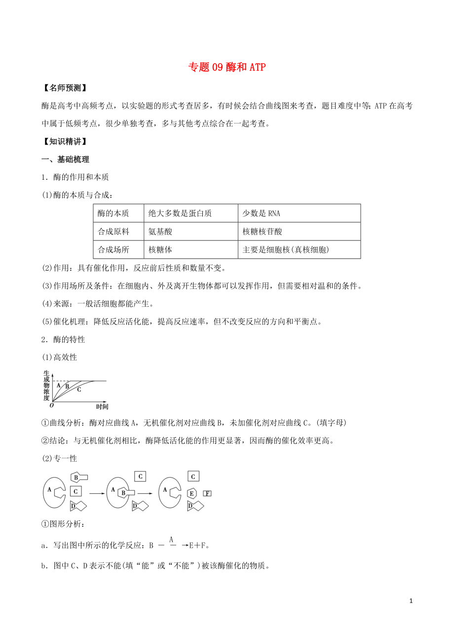 山東省2020年高考生物一輪復(fù)習(xí) 考點掃描 專題09 酶和ATP（含解析）_第1頁