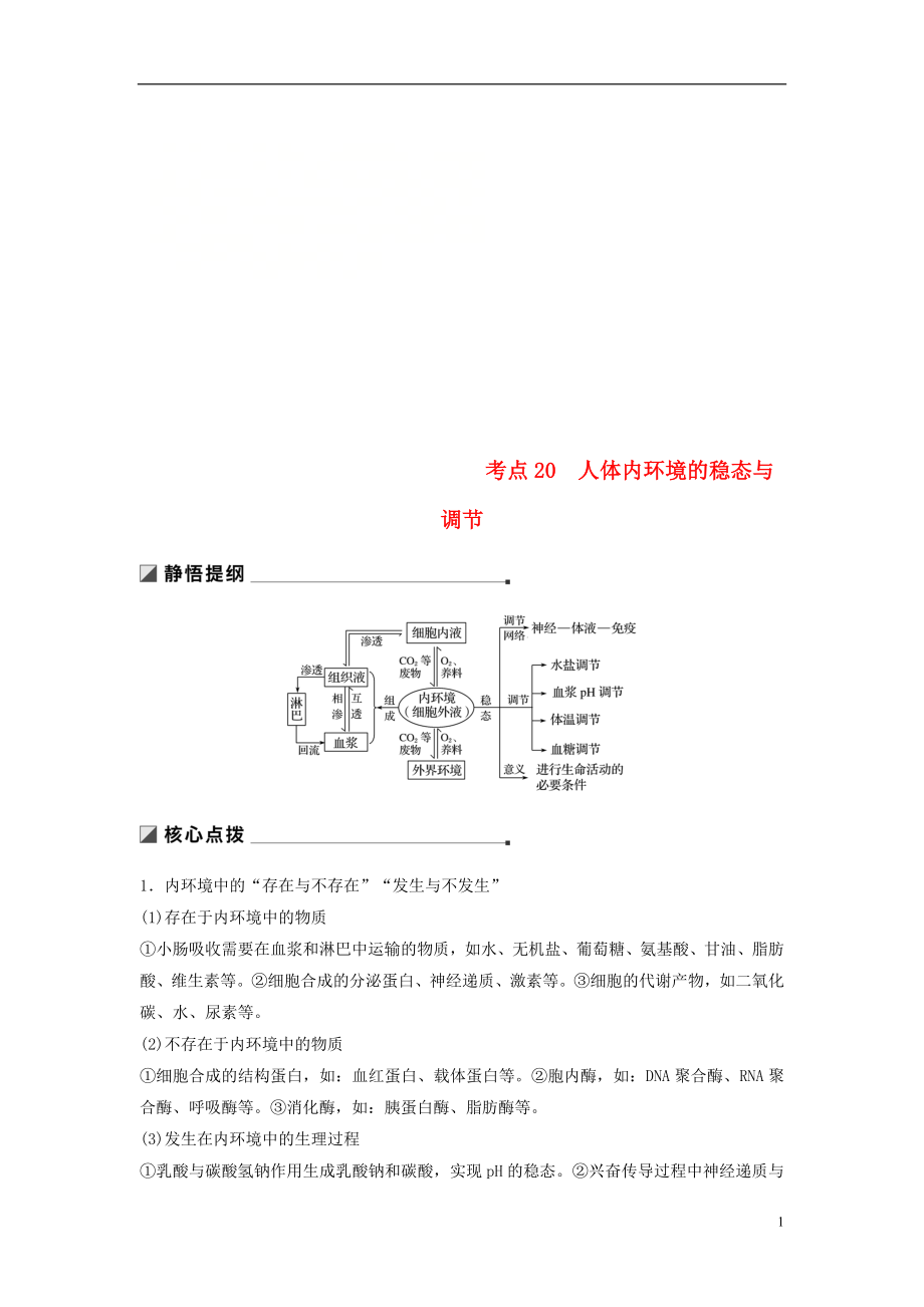 （江蘇專用）2019高考生物二輪復(fù)習(xí) 專題七 人體的穩(wěn)態(tài)及調(diào)節(jié)機制 考點20 人體內(nèi)環(huán)境的穩(wěn)態(tài)與調(diào)節(jié)學(xué)案_第1頁