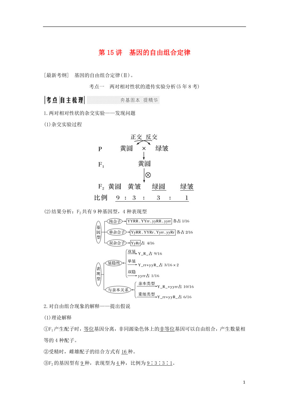 2018屆高考生物一輪復習 第五單元 遺傳的基本規(guī)律 第15講 基因的自由組合定律學案_第1頁