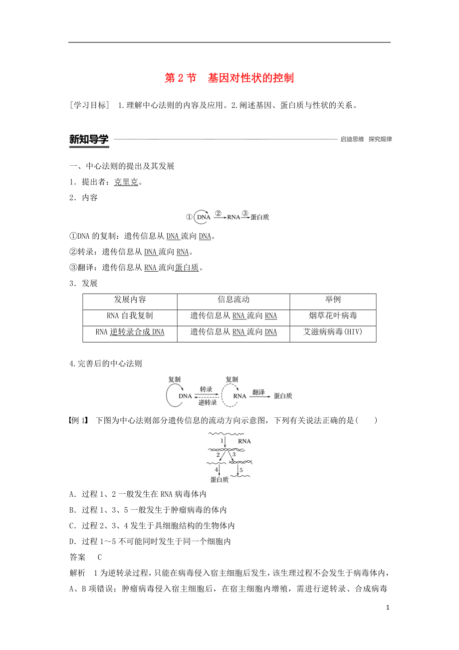 2018-2019學(xué)年高中生物 第4章 基因的表達(dá) 第2節(jié) 基因?qū)π誀畹目刂茖W(xué)案 新人教版必修2_第1頁(yè)