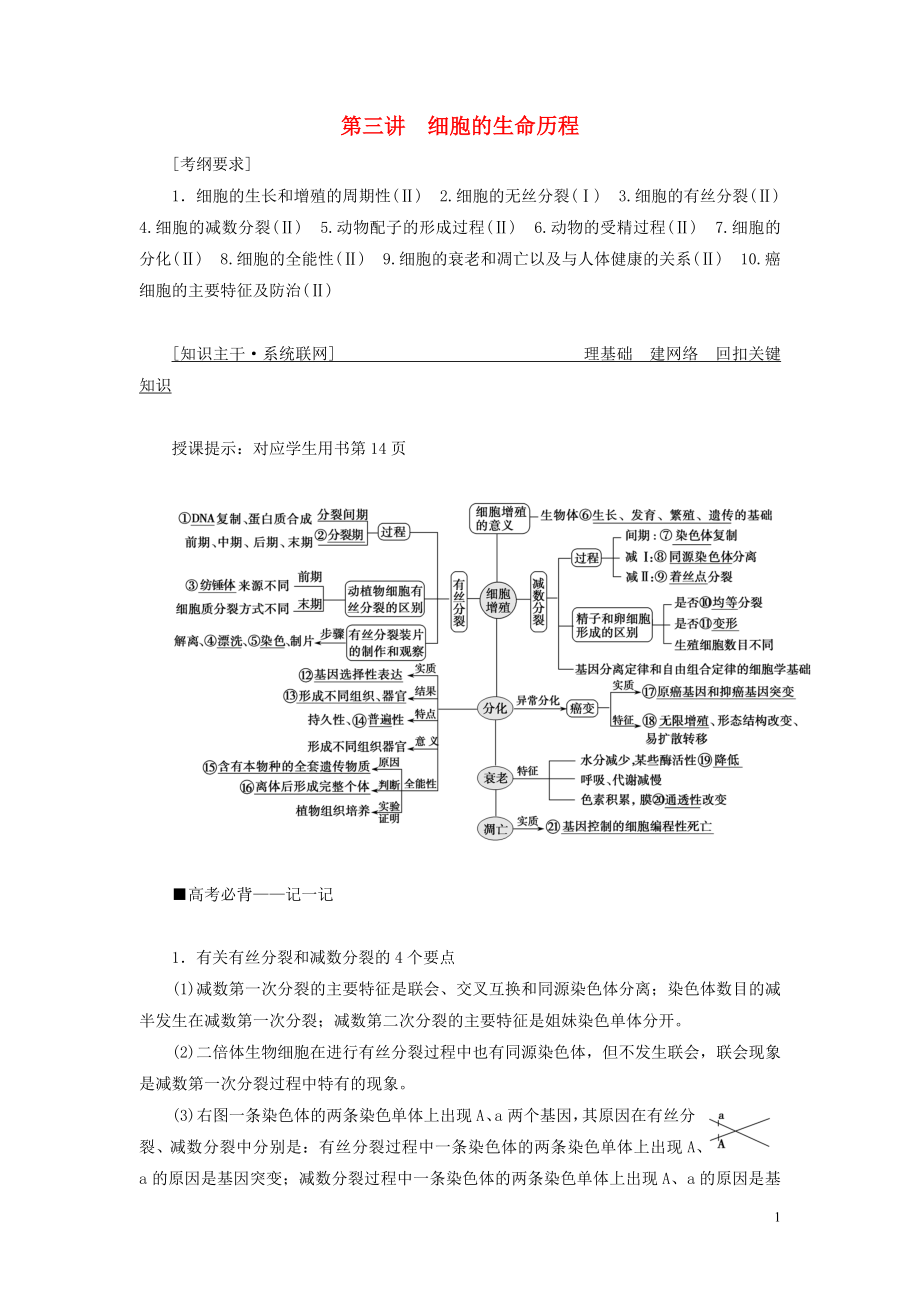 2019高考生物二輪復(fù)習(xí) 專題一 細(xì)胞的分子組成、結(jié)構(gòu)及生命歷程 第三講 細(xì)胞的生命歷程學(xué)案_第1頁(yè)