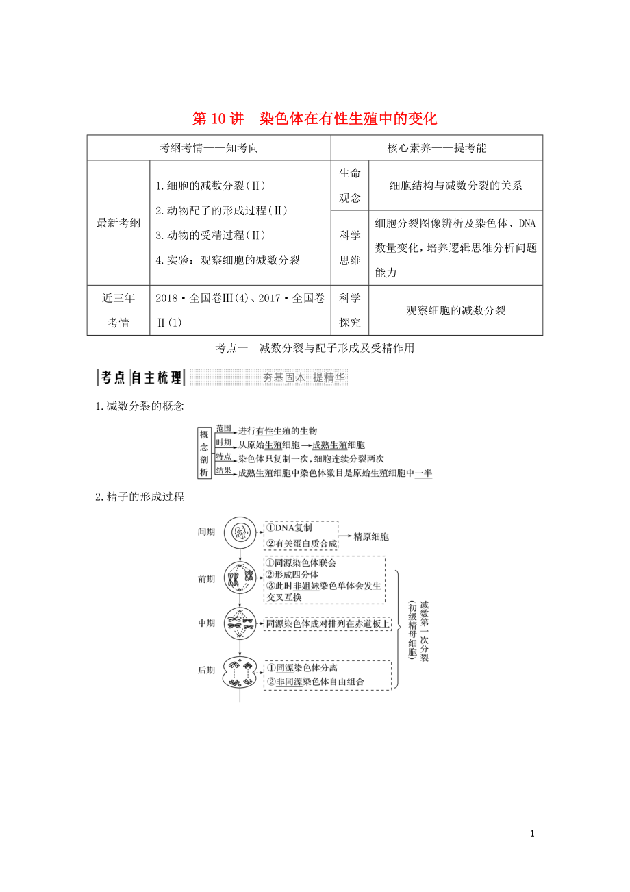 2020版高考生物 第五單元 細胞的生命歷程 第10講 染色體在有性生殖中的變化學(xué)案 中圖版必修1_第1頁