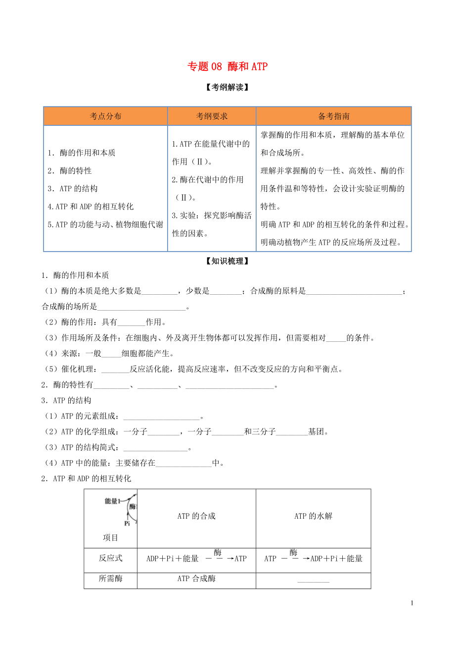 2020年领军高考生物一轮复习 专题08 酶和ATP（含解析）_第1页