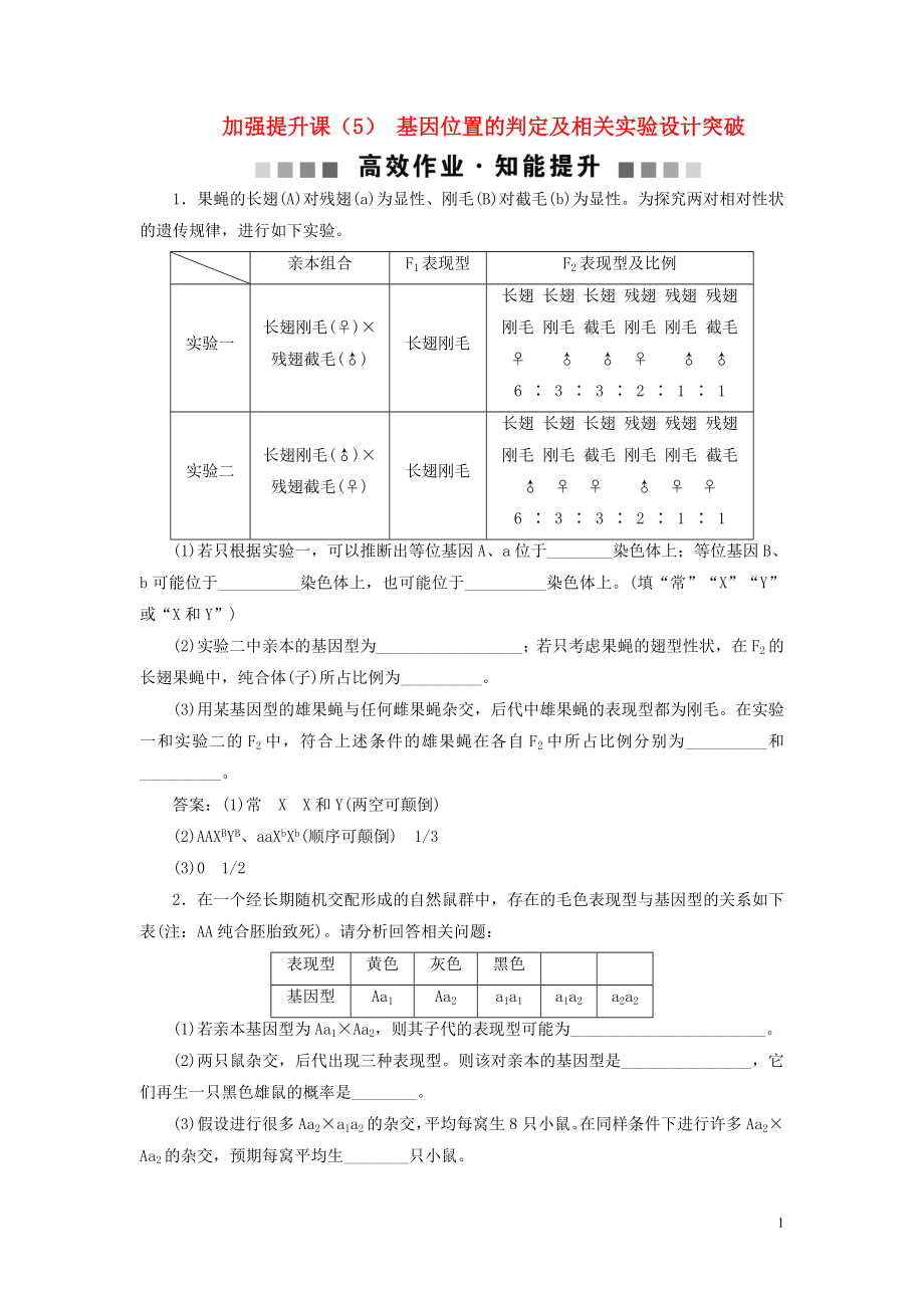 （選考）2021版新高考生物一輪復(fù)習(xí) 加強(qiáng)提升課（5） 基因位置的判定及相關(guān)實(shí)驗(yàn)設(shè)計(jì)突破高效作業(yè)知能提升 新人教版_第1頁(yè)