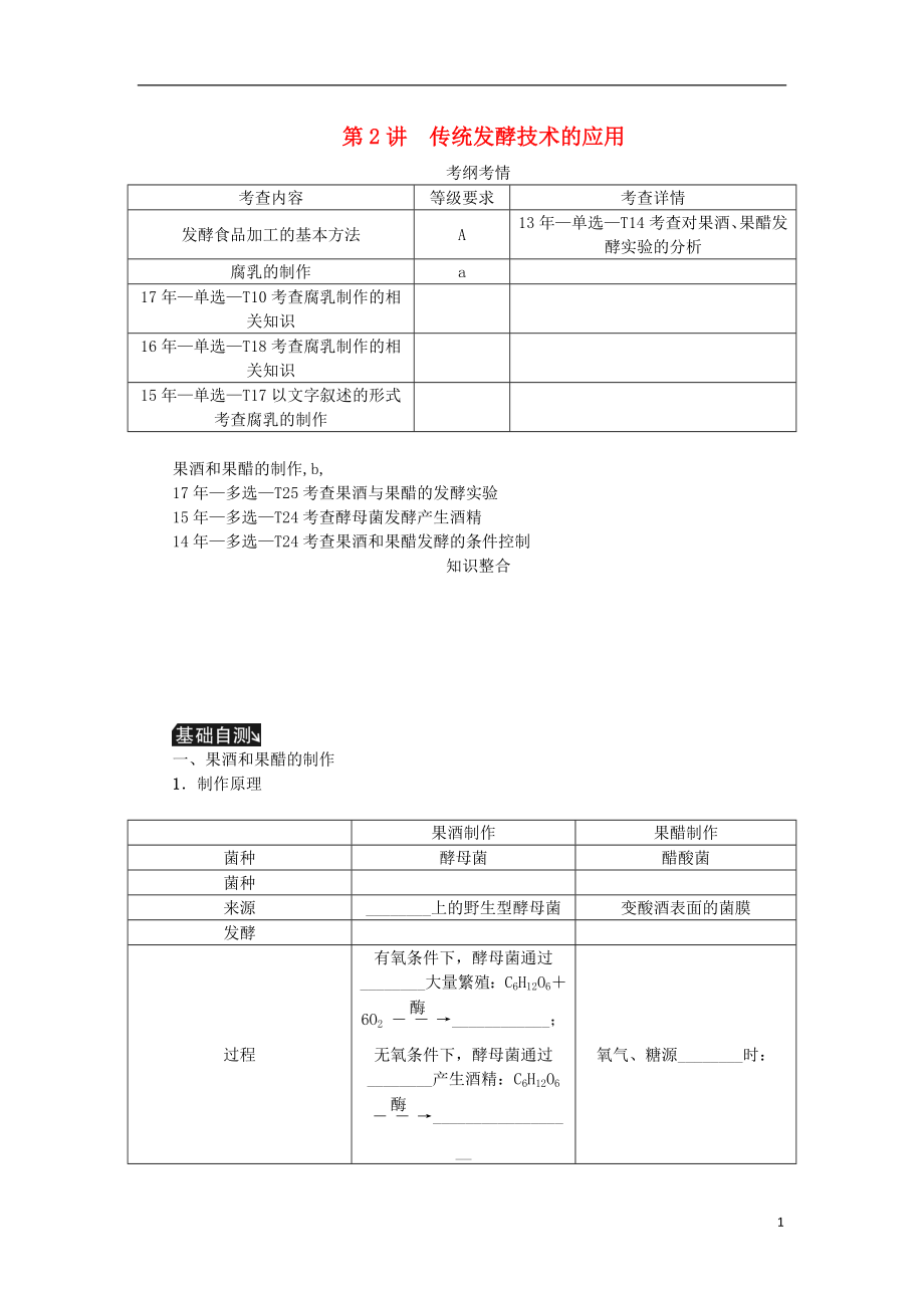 （江蘇專(zhuān)用）2019年高考生物一輪總復(fù)習(xí) 第12單元 生物技術(shù)實(shí)踐 第2講 傳統(tǒng)發(fā)酵技術(shù)的應(yīng)用學(xué)案_第1頁(yè)