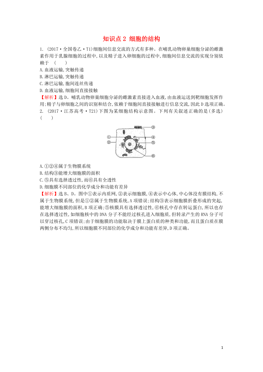 2020屆高考生物一輪復(fù)習(xí) 高考真題分類題庫 2017年知識點2 細胞的結(jié)構(gòu)（含解析）_第1頁