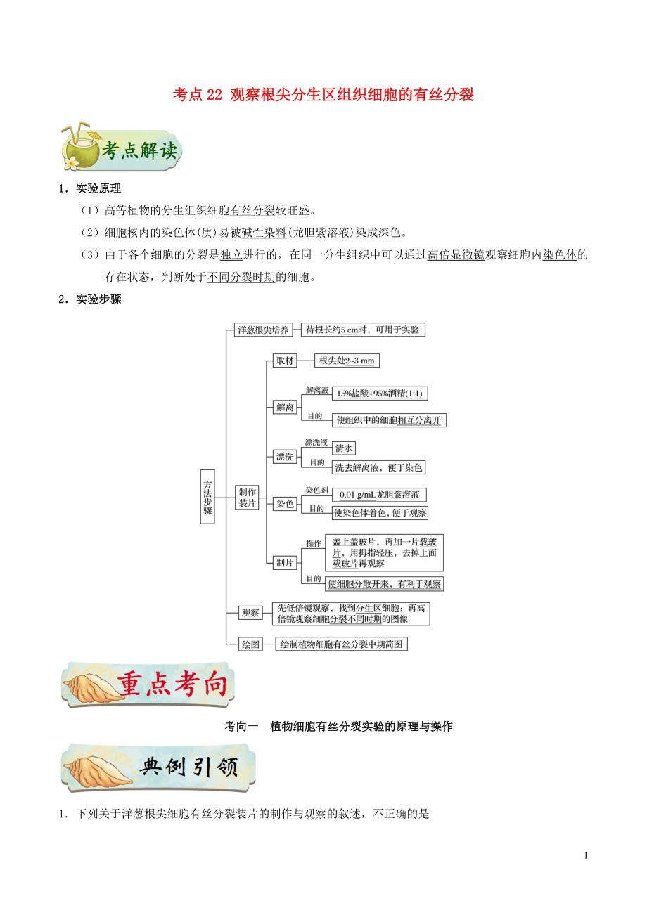 备战2019年高考生物 考点一遍过 考点22 观察根尖分生区组织细胞的有丝分裂（含解析）_第1页