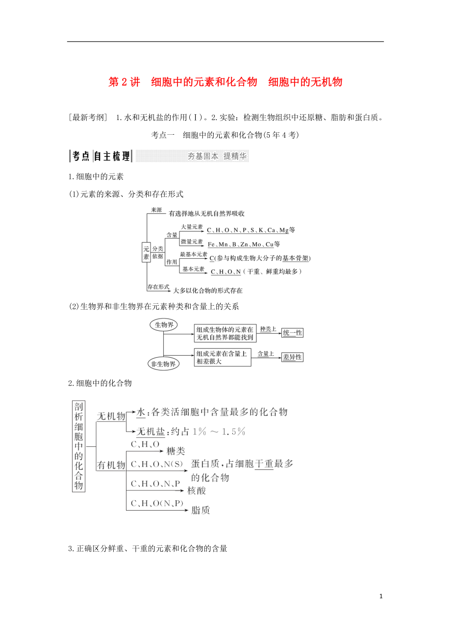 2018屆高考生物一輪復(fù)習(xí) 第一單元 組成細(xì)胞的分子 第2講 細(xì)胞中的元素和化合物 細(xì)胞中的無機(jī)物學(xué)案_第1頁