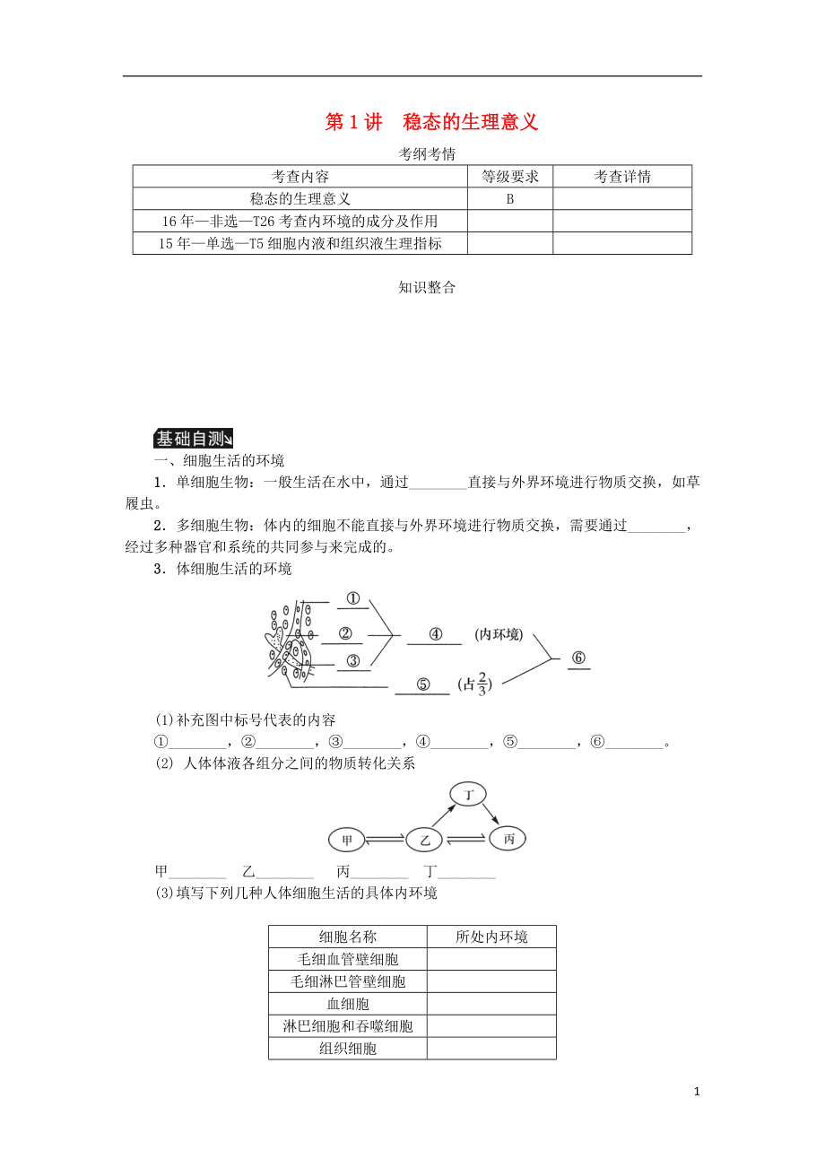 （江蘇專用）2019年高考生物一輪總復(fù)習(xí) 第8單元 人和動物生命活動的調(diào)節(jié) 第1講 穩(wěn)態(tài)的生理意義學(xué)案_第1頁