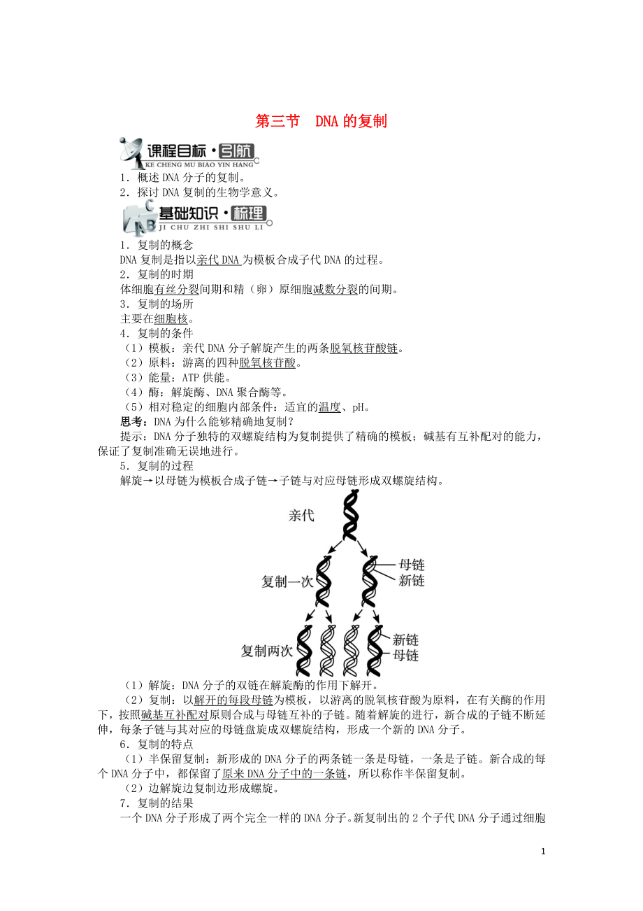 高中生物 第三单元 第一章 第三节 DNA的复制学案（含解析）中图版必修2_第1页